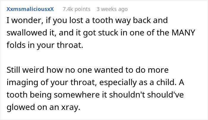 Comment discussing a man’s throat pain mystery possibly caused by a swallowed tooth stuck in throat folds.