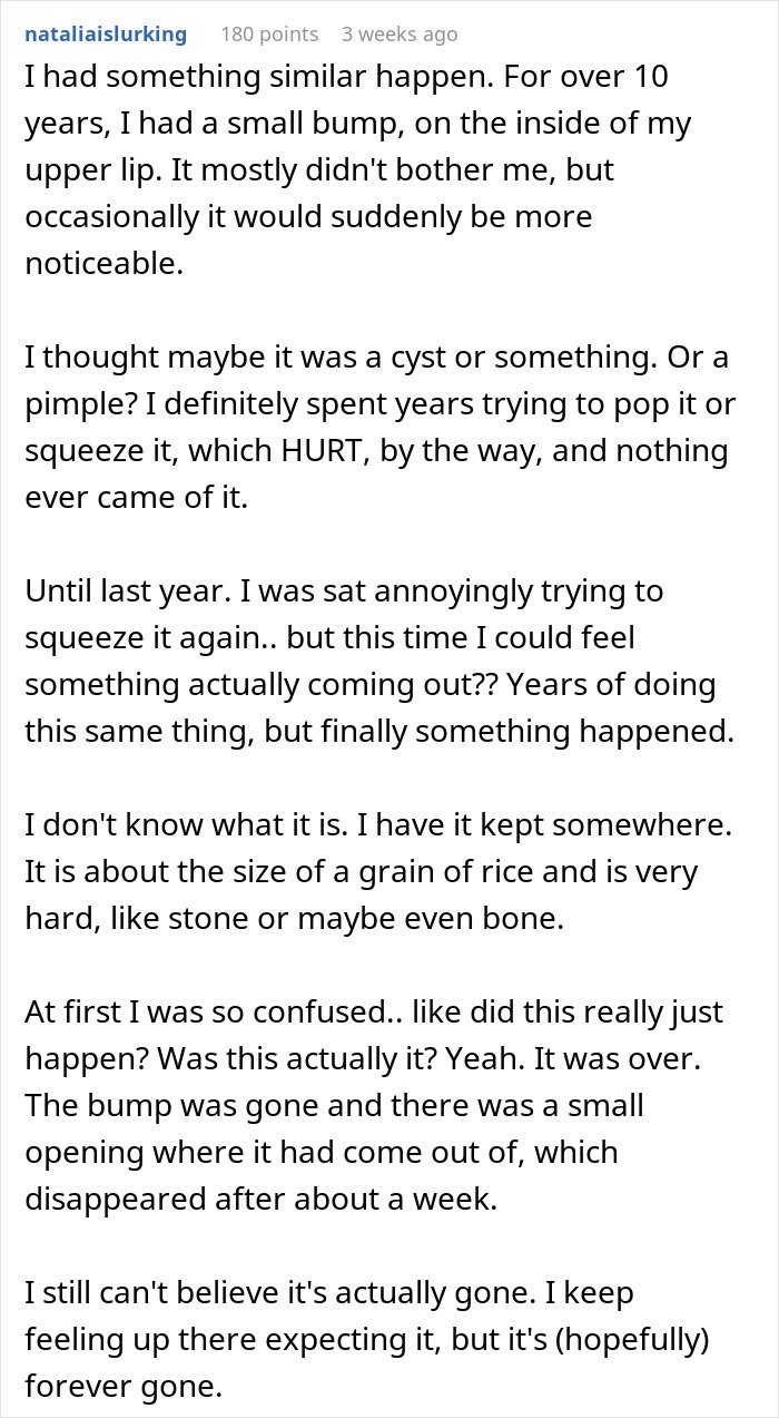Commenter shares experience with long-term throat pain and a persistent bump finally resolving after years of discomfort.