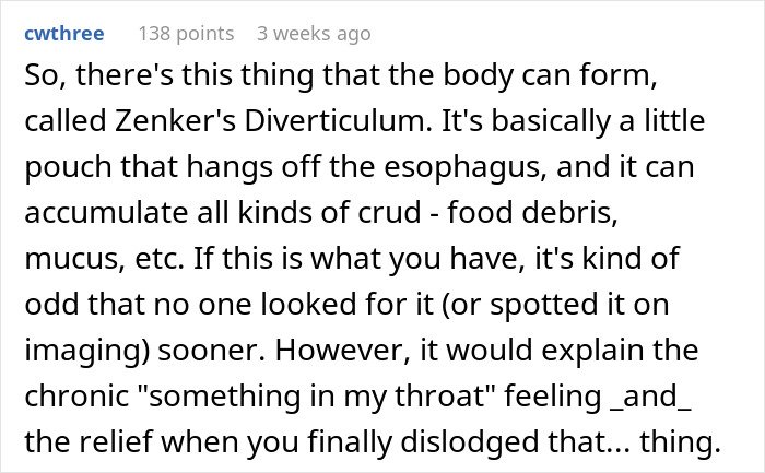 Man describing 35 years of throat pain caused by Zenker's Diverticulum, a hidden esophagus pouch causing discomfort.
