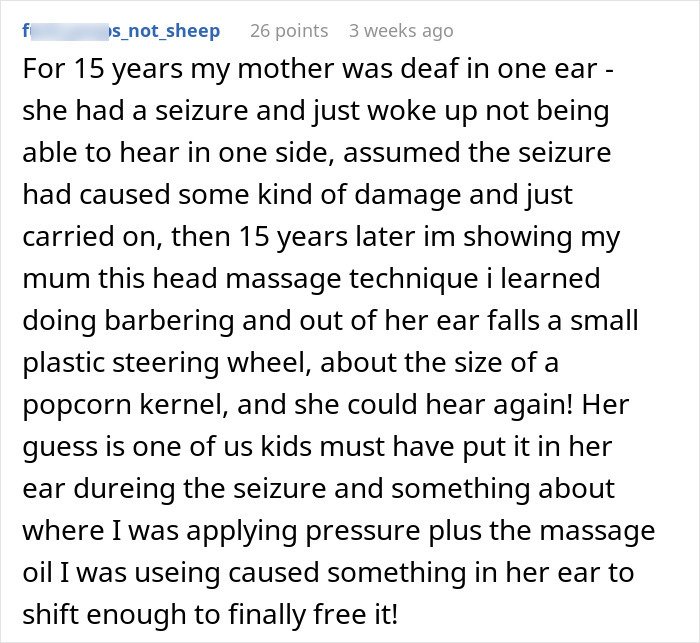 Reddit user shares story about mother’s 15-year hearing loss, finally solved with head massage and unexpected ear blockage.