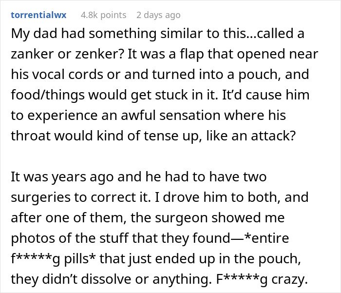 Reddit user shares personal story about man’s 35 years of throat pain and discovering a medical flap causing blockage.