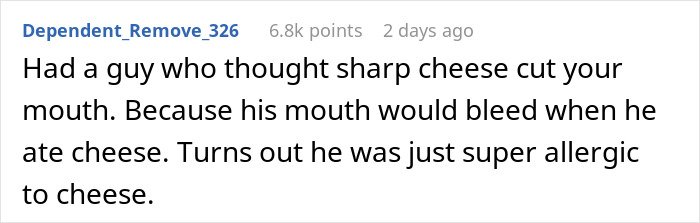 Screenshot of an online comment about a man’s 35 years of throat pain linked to a cheese allergy causing mouth bleeding.