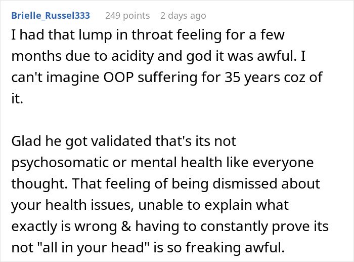 Comment discussing man’s 35 years of throat pain and finally solving his own medical mystery relieving his symptoms.