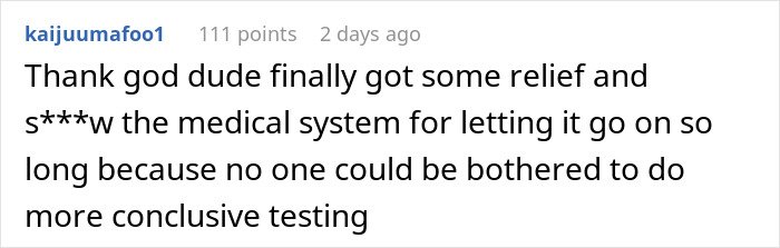 Screenshot of an online comment about a man’s 35 years of throat pain and his medical mystery finally solved.