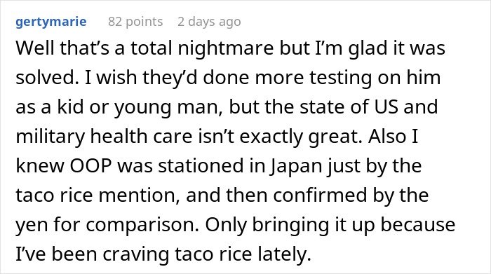 Screenshot of an online comment discussing a man’s long-term throat pain and the challenges of military health care.