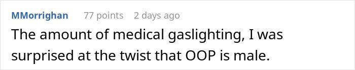 Screenshot of an online comment discussing medical gaslighting related to a man’s 35 years of throat pain mystery.