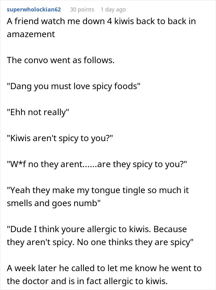 Text post describing a man spending 35 years with throat pain before solving his own medical mystery about allergy symptoms.