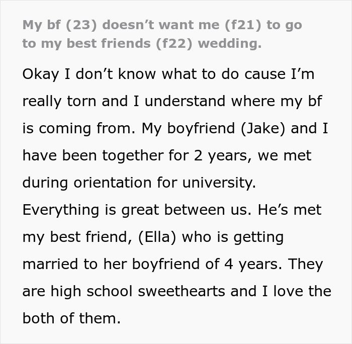 Text post about a man struggling with his girlfriend doing maid of honor duties at their friend&rsquo;s wedding.