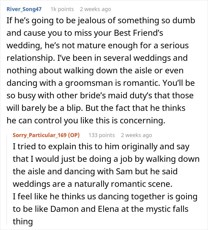 Commenter discusses man&rsquo;s jealousy over girlfriend&rsquo;s maid of honor duties at a wedding revealing his controlling behavior.