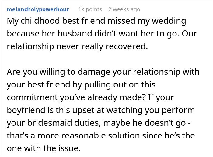 Screenshot of a Reddit post discussing relationship issues when a man can&rsquo;t handle girlfriend doing maid of honor duties at a wedding.