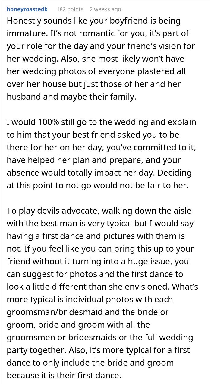Text post discussing a boyfriend&rsquo;s immaturity over girlfriend&rsquo;s maid of honor duties at friend&rsquo;s wedding and handling the situation.