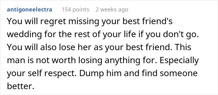 Comment discussing man&rsquo;s reaction to girlfriend doing maid of honor duties at friend&rsquo;s wedding revealing his true face.