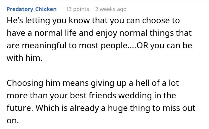 Text comment about a man struggling with his girlfriend doing maid of honor duties, revealing his true face.