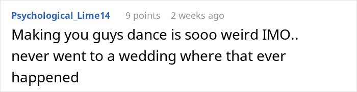 Comment on Reddit discussing awkwardness of dancing at a wedding with username Psychological_Lime14.