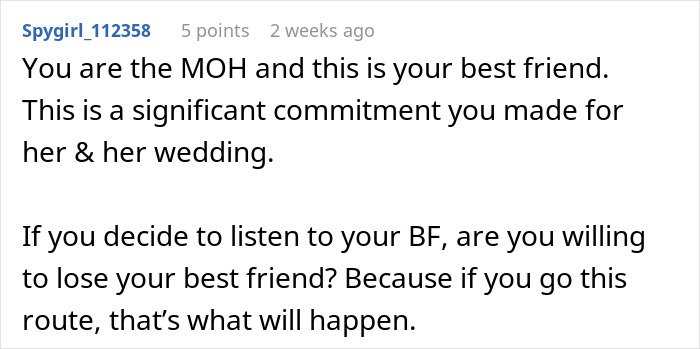Text comment about maid of honor duties and boyfriend conflict in a friend&rsquo;s wedding context, showing true face.