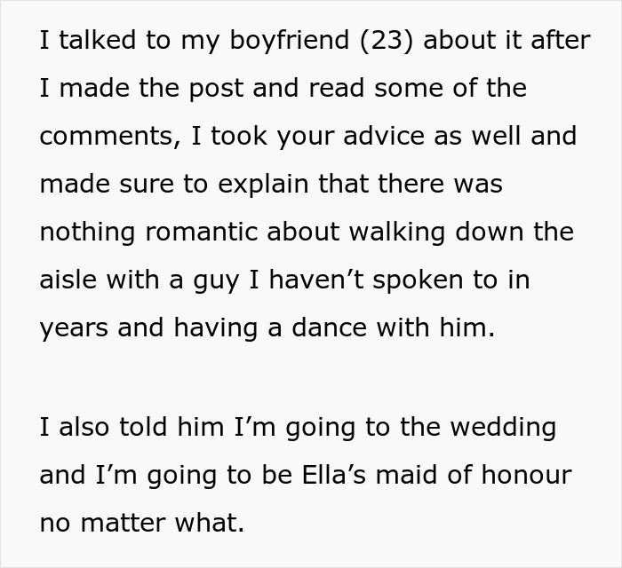 Text excerpt discussing a man struggling with his girlfriend doing maid of honor duties at a friend's wedding.