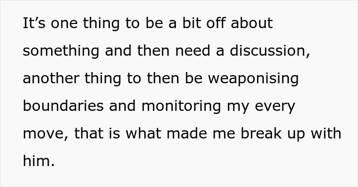 Text excerpt describing a breakup caused by weaponizing boundaries and monitoring every move in a relationship.