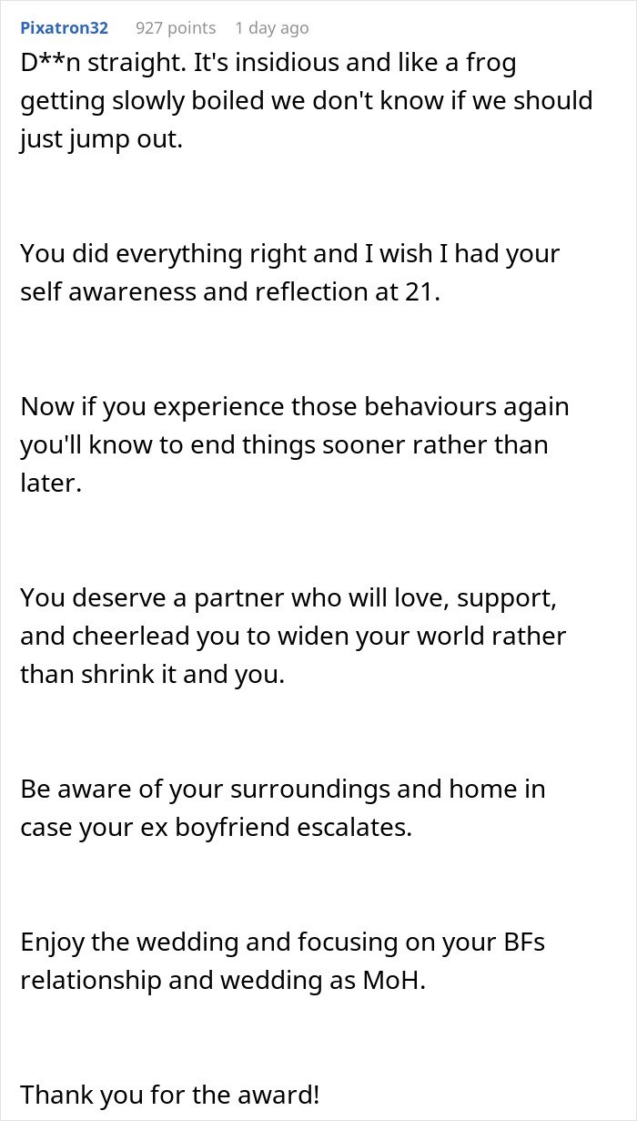 Comment discussing a man struggling with his girlfriend performing maid of honor duties at a friend&rsquo;s wedding.