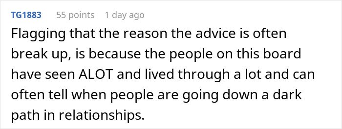 Screenshot of a forum comment about relationship advice and signs of trouble as man can&rsquo;t handle girlfriend&rsquo;s maid of honor duties.