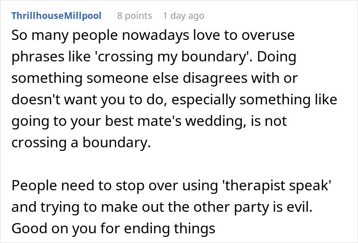 Comment discussing boundary issues and reactions when a man can&rsquo;t handle his girlfriend doing maid of honor duties at a wedding.