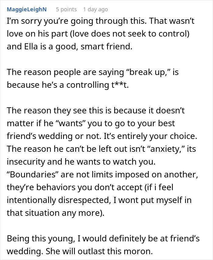 Comment discussing a man who can&rsquo;t handle his girlfriend doing maid of honor duties at a friend&rsquo;s wedding.