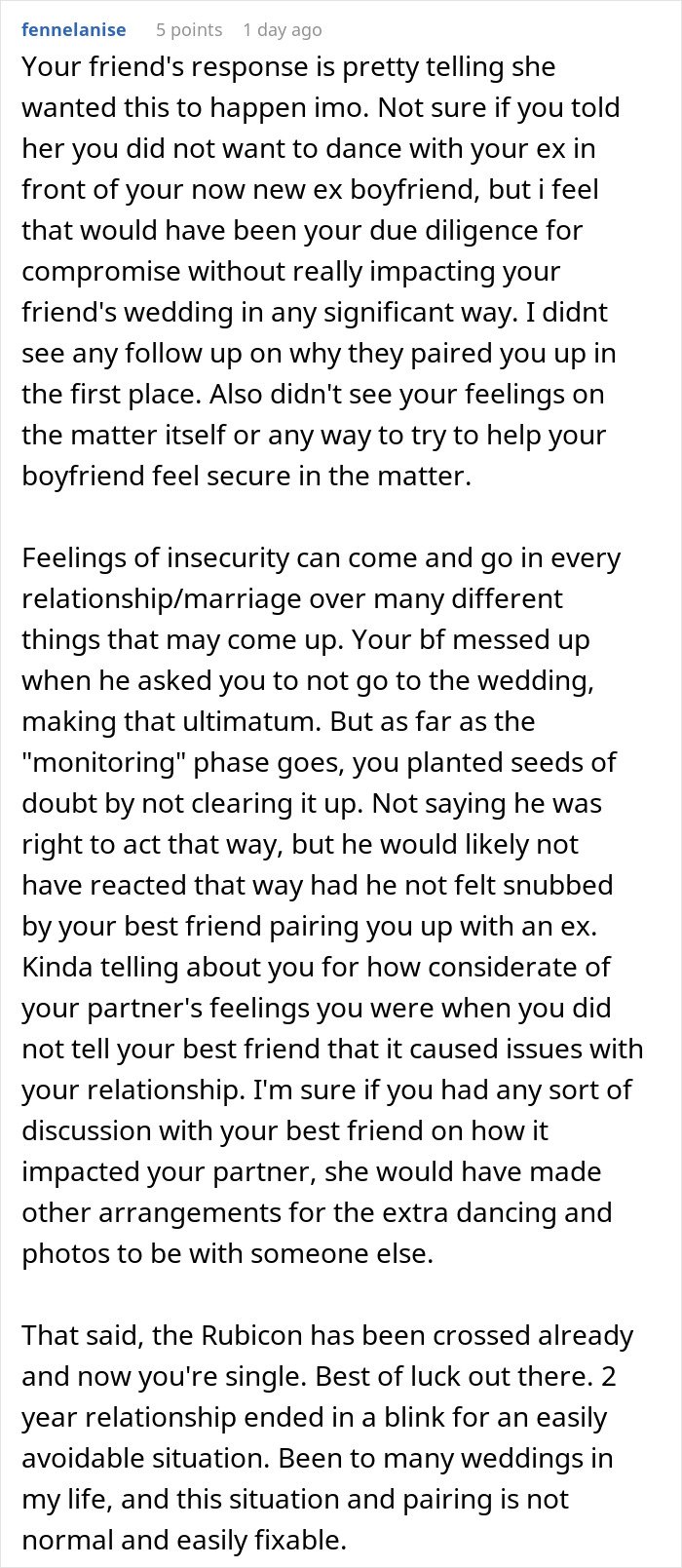 Comment discussing a man struggling with his girlfriend doing maid of honor duties at a friend's wedding and relationship issues.