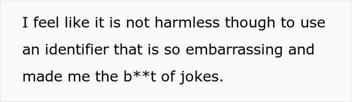 Text on a screen expressing discomfort about using an embarrassing work nickname that led to being joked about.