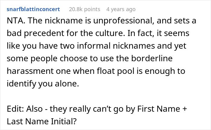 Screenshot of a forum comment discussing work nickname issues related to embarrassment and workplace culture.