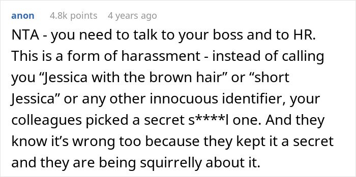 Screenshot of anonymous comment about workplace harassment regarding secret nicknames shared by colleagues.