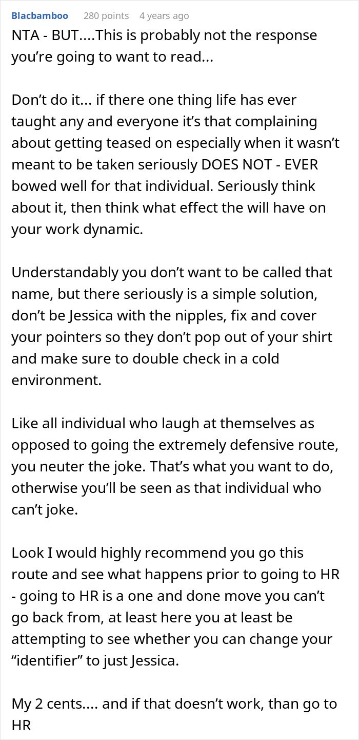 Commenter sharing advice on handling embarrassing work nicknames and the impact on workplace dynamics and relationships.