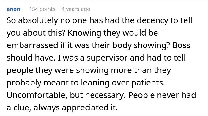 Comment discussing workplace embarrassment and a supervisor advising on appropriate clothing to avoid revealing too much.