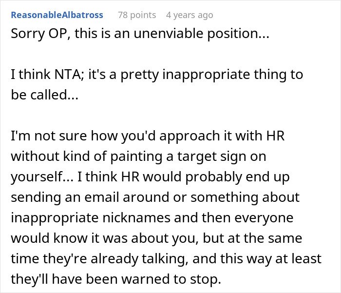 Text post discussing concerns about inappropriate work nickname and advice on handling it with HR after husband buys wife new bras.