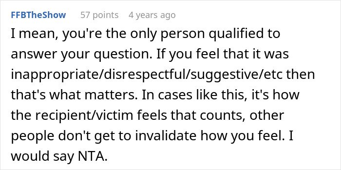 Comment discussing feelings about respect and boundaries in a thread about man buying wife new bras after work nickname.