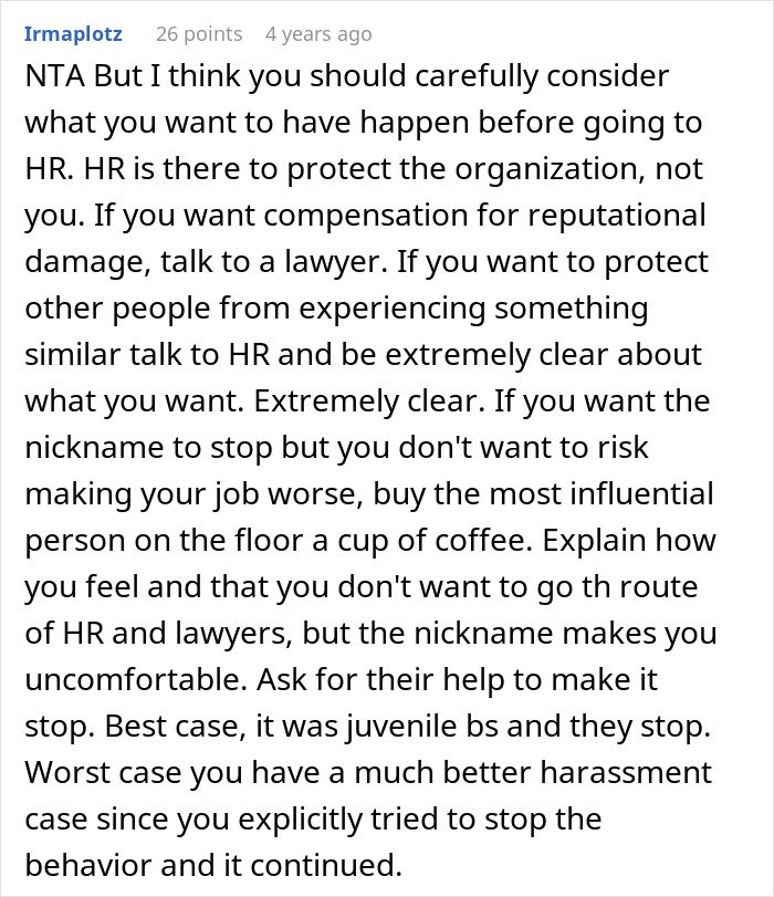 Screenshot of an online comment advising on handling embarrassing work nickname and buying new bras for wife.