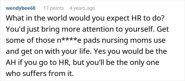 Comment discussing nursing pads and HR related to man buying wife new bras after learning her work nickname embarrassing