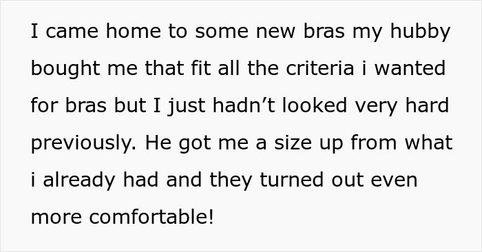 Alt text: Man buys wife new bras after learning about her work nickname, making her feel more comfortable and supported.