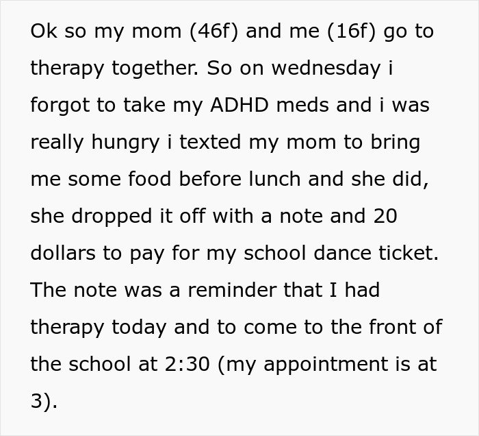 Text post describing a teen's experience with therapy and consequences involving her mom and CPS.