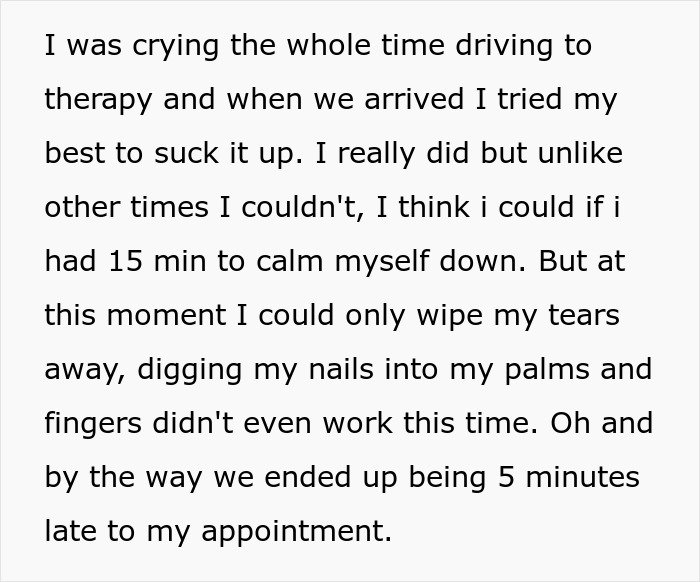 Text describing a teen’s emotional experience at therapy, highlighting regrets and CPS involvement keywords.