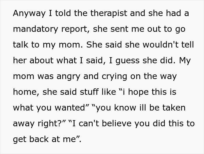 Teen regrets being honest with her therapist after her mom gets in trouble with CPS, showing emotional family conflict.