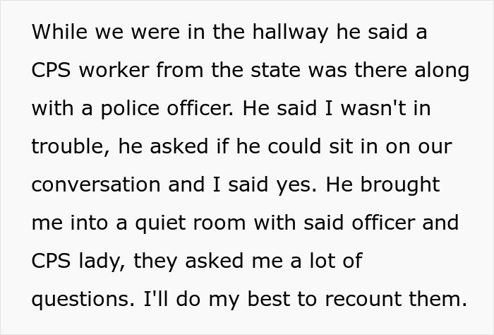 Teen regretting honesty with therapist after mother faces CPS investigation, police present during questioning in quiet room.