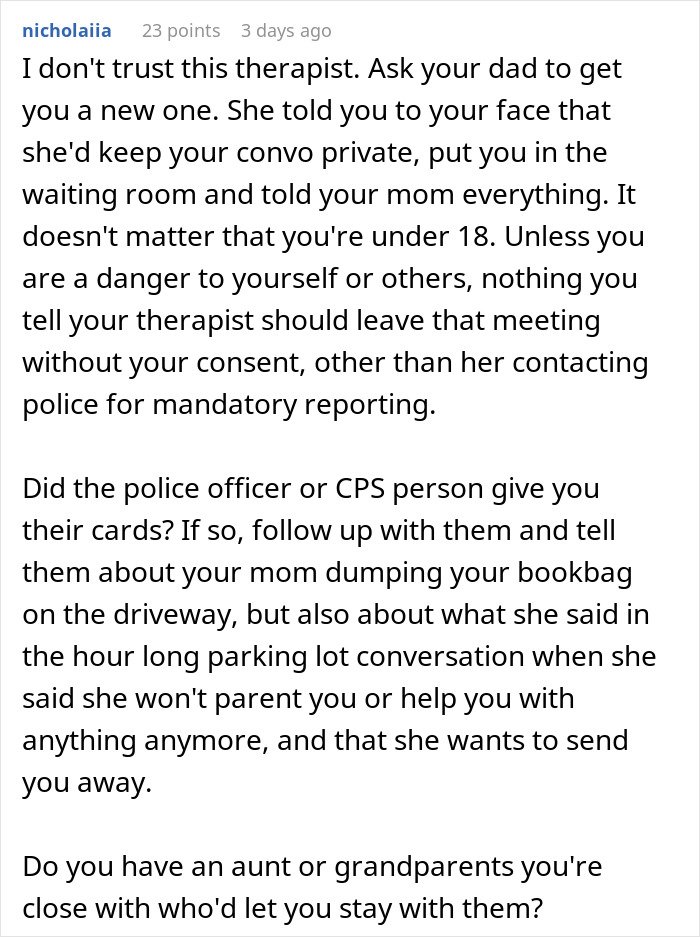 Teen regretting being honest with her therapist as her mom faces trouble with CPS and child protection concerns discussed.