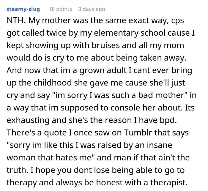 Teen regrets being honest with therapist after mom faces CPS investigation, reflecting on childhood trauma and therapy struggles.