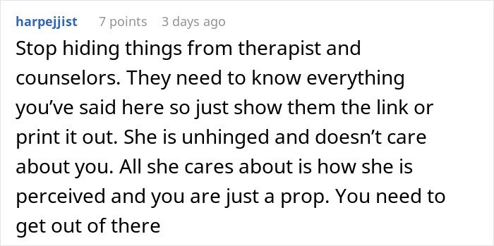 Comment advising a teen to be honest with their therapist despite risks, related to teen regrets and CPS involvement.