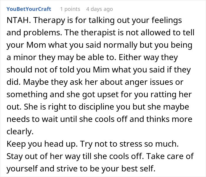 Comment discussing teen regrets about honesty with therapist and consequences involving CPS and family issues.