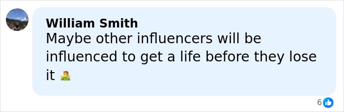 Comment from William Smith reacting to a glamorous influencer passing away at 27 after plastic surgery complications.
