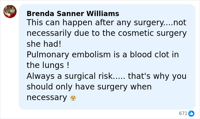 Comment discussing surgical risks and pulmonary embolism following major plastic surgery complications in an online post.