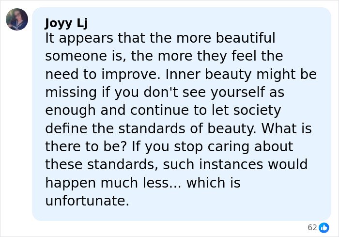 Comment discussing beauty standards and self-improvement, related to complications from major plastic surgery.