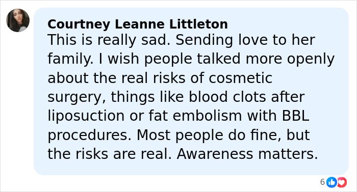 Comment expressing sadness over glamorous influencer's death at 27 due to major plastic surgery complications.