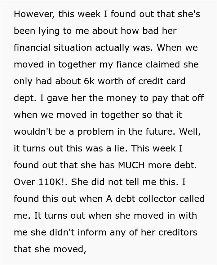 Man discovers fiancée’s hidden debt over 110K after debt collector call, leading to trust issues before wedding.