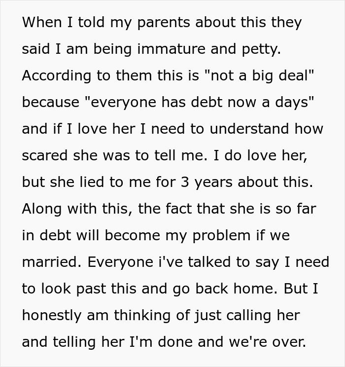 Man reflects on discovering fiancée’s secret debt and considers calling off wedding after feeling betrayed and overwhelmed.